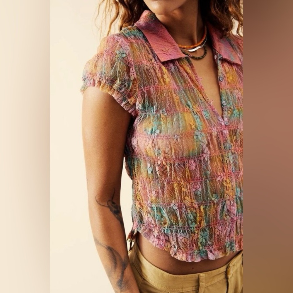 NWOT Free People Multicolor Julie Printed Lace Top OB1470182 size XS